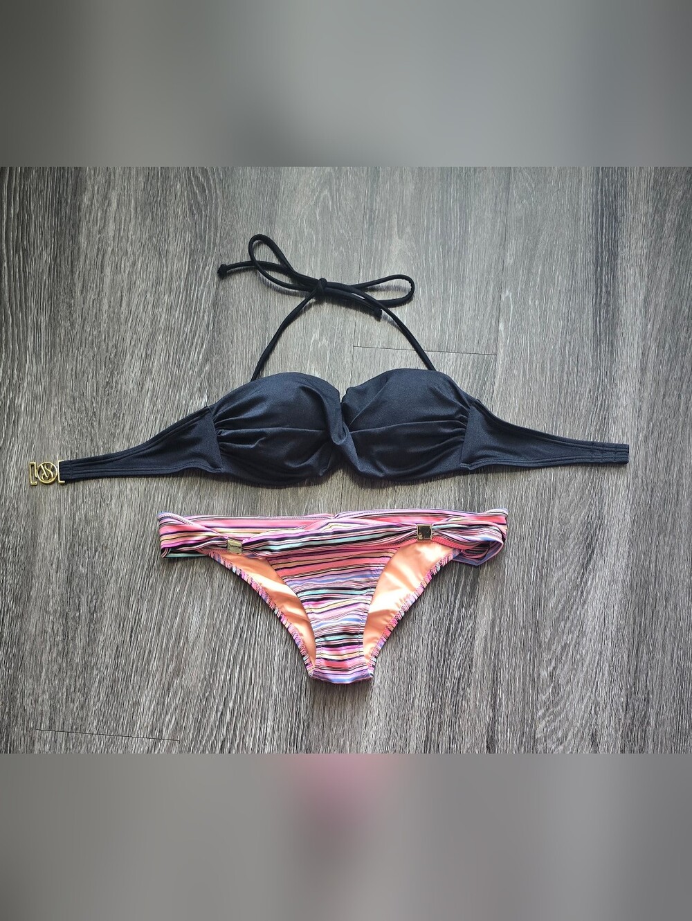 Victoria's Secret Bikini Set 34B XS The Hottie Cheeky Black Stripe Gold`